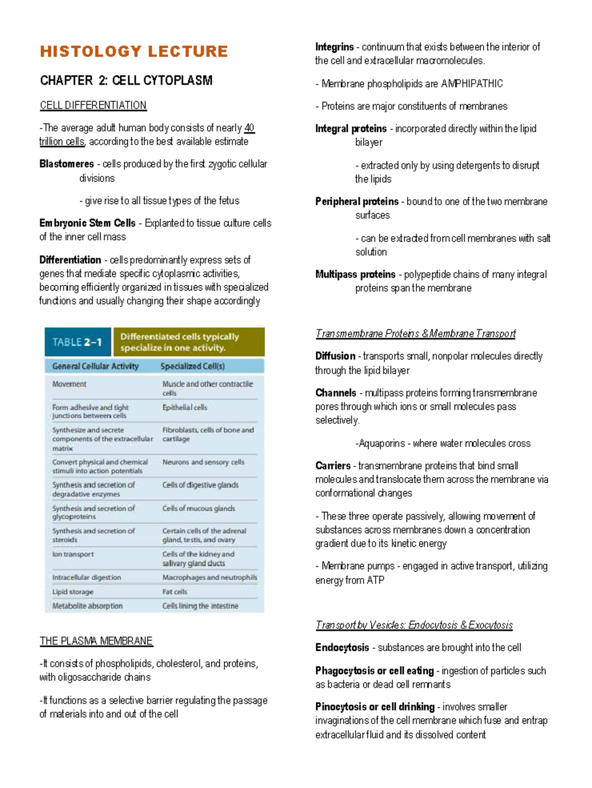 HISTOLOGY LECTURE NOTES: CHAPTER 2 & 3 - CELL STRUCTURE & FUNCTION ...