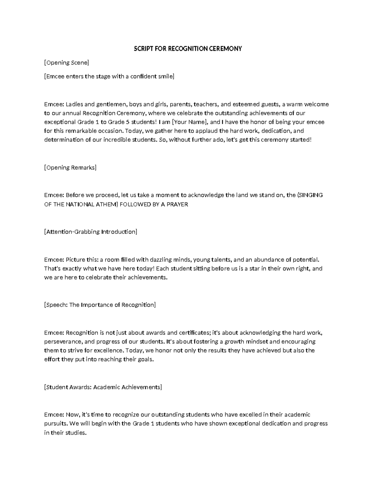 Recognition Ceremony Script for Grades 1-5: Celebrating Achievements ...