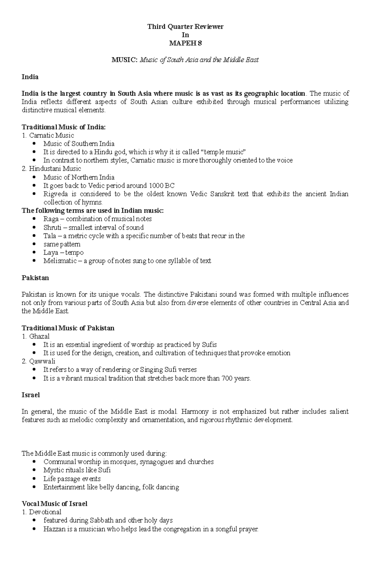 3rd Quarter MAPEH 8 Reviewer: Music & Arts of South Asia - Studocu