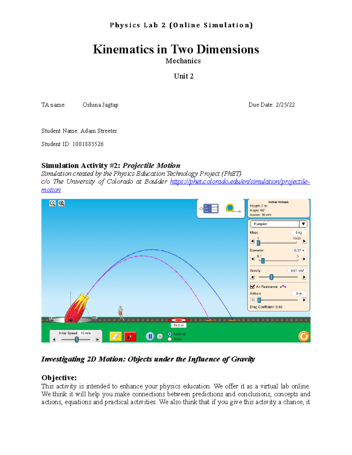 Kinematics 2-D: Projectile Motion Online Lab Activity - Studocu