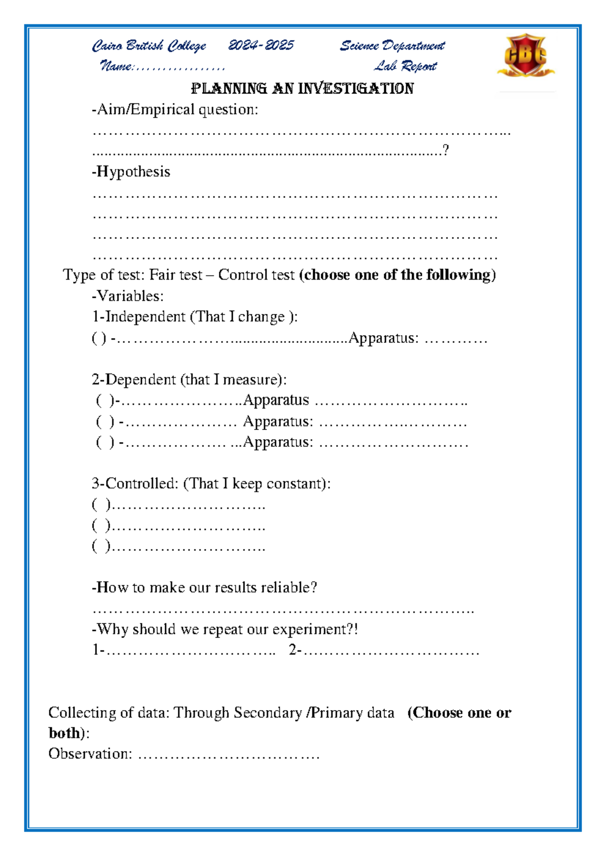 Cairo British College Science Lab Report Planning (1026583682) - Studocu