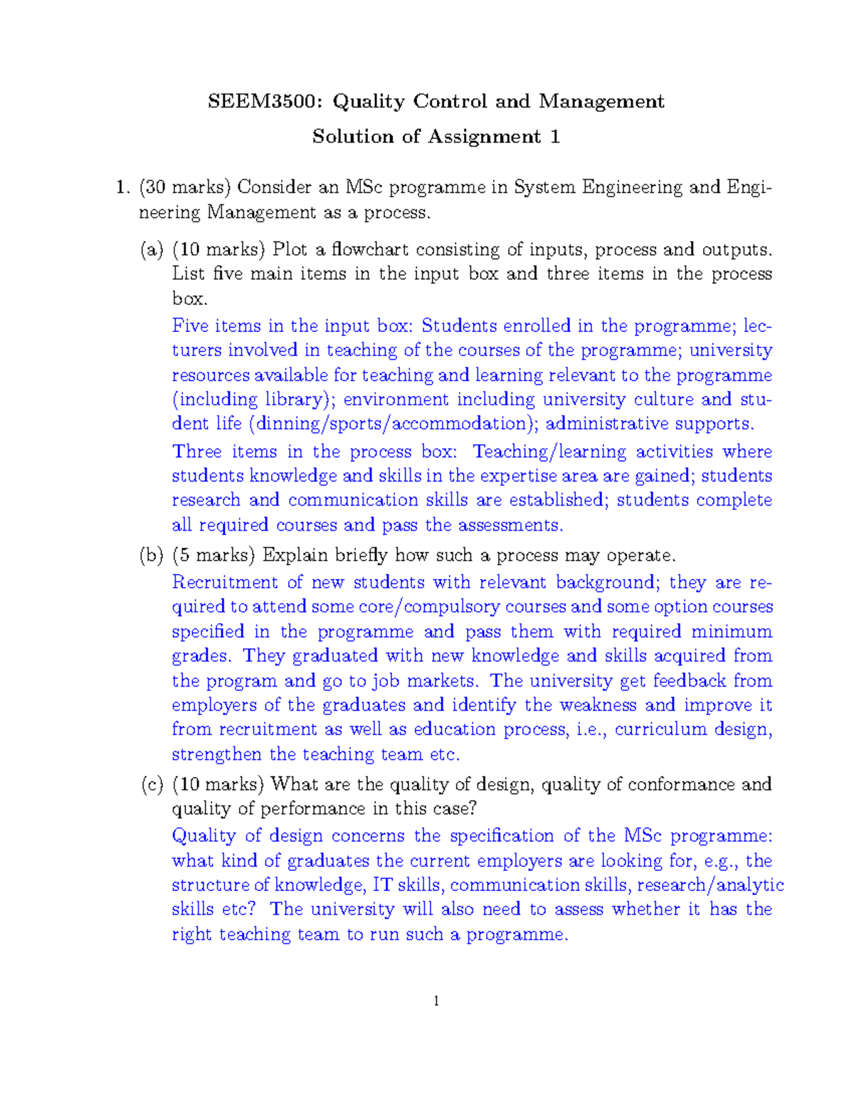 Sol Assignment 1 - SEEM3500: Quality Control and Management Solution of ...