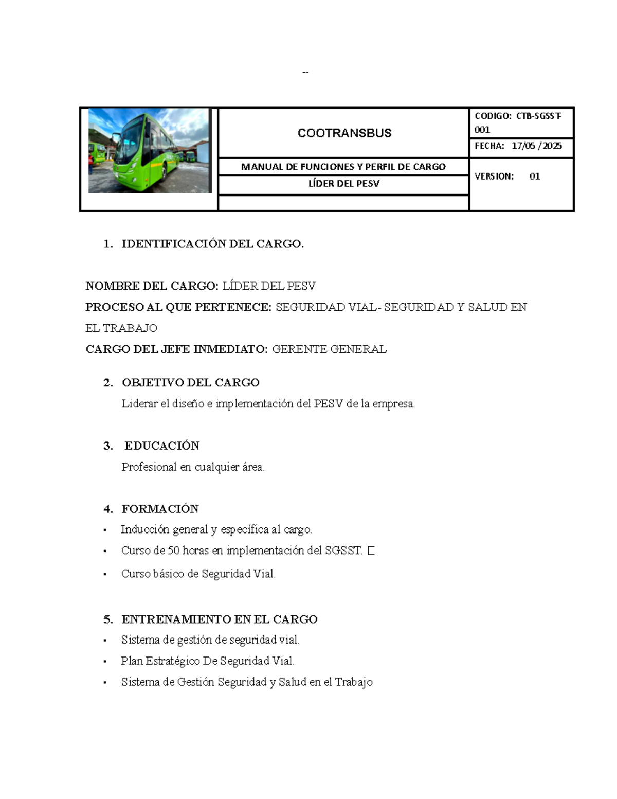 Manual de Funciones y Perfil del Cargo: Líder del PESV (lOMoAR 7515511) - Document Preview