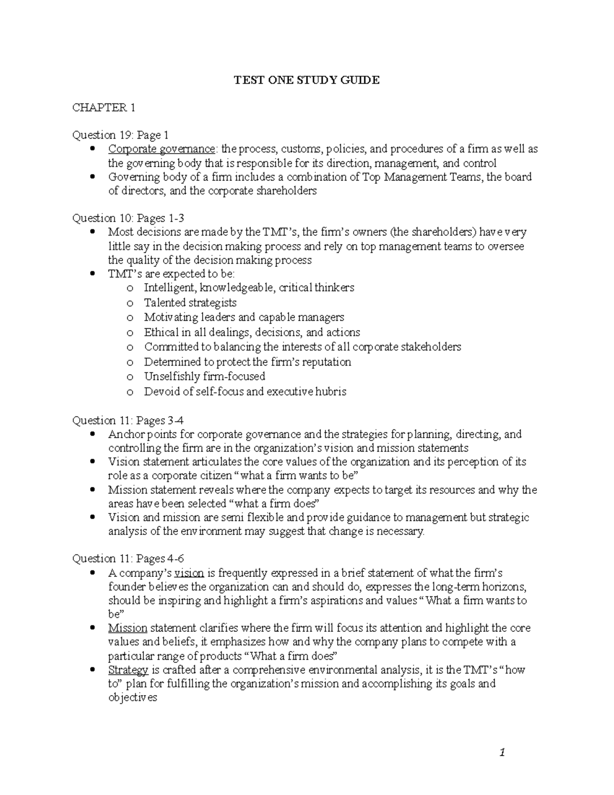 Test 1 Study Guide - Corporate Governance & Strategy Concepts - Studocu
