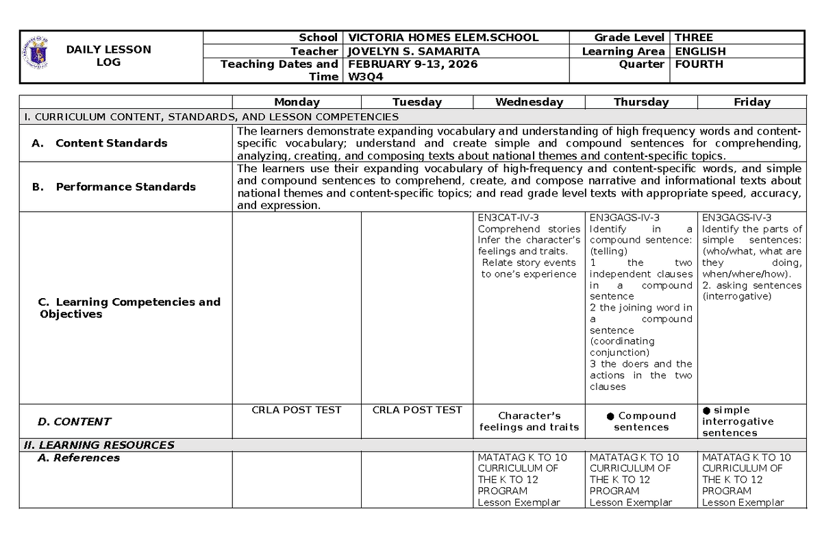 ENG 3 Daily Lesson Log W3Q4: Vocabulary & Sentence Structure - Studocu