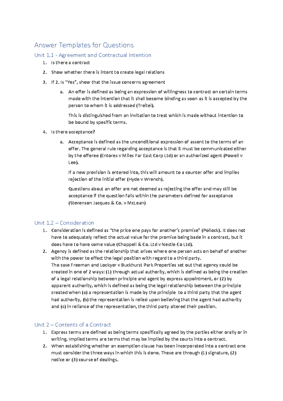 Contract Law - Answer Structures and Templates for Key Concepts - Studocu