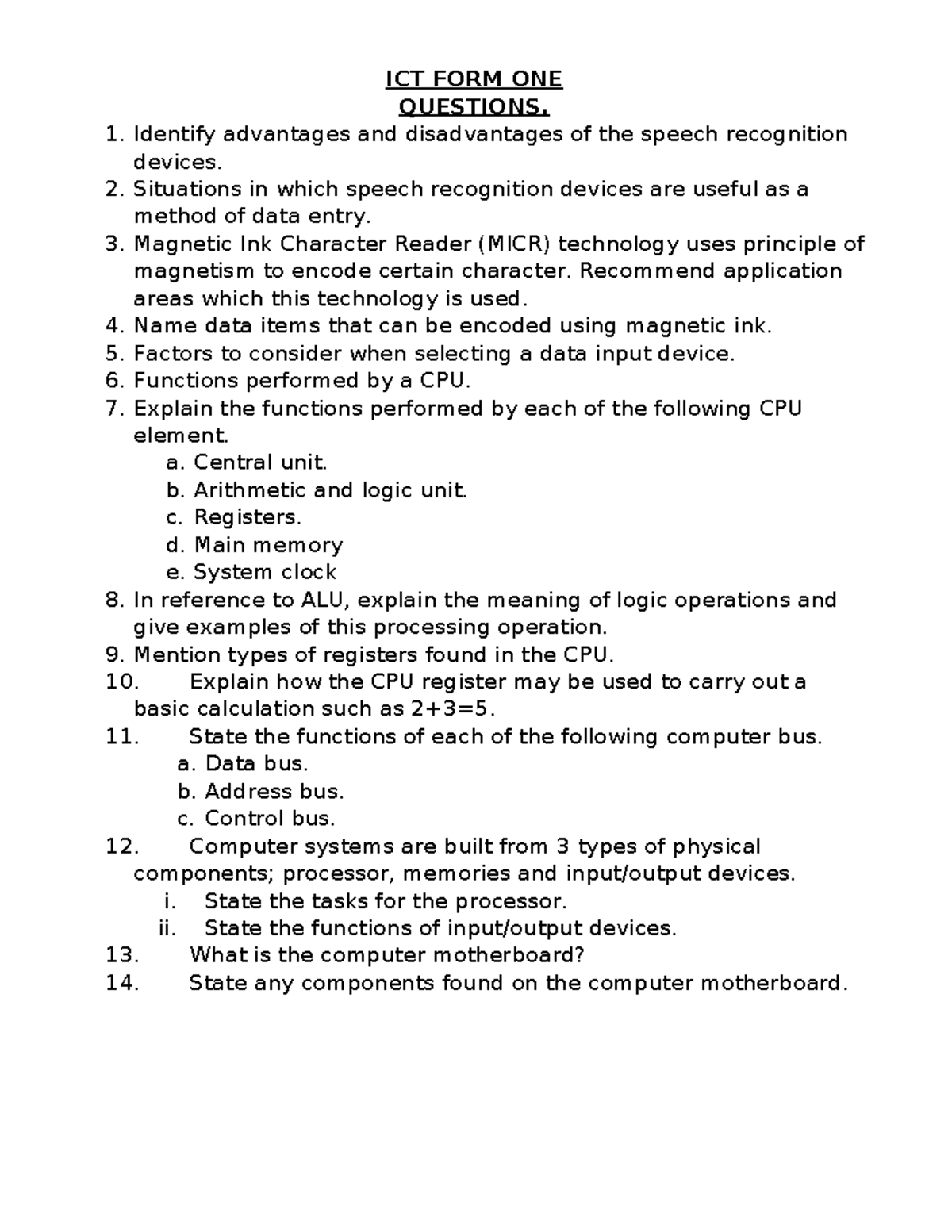 ICT FORM ONE - Computer Science Questions and Answers - Studocu