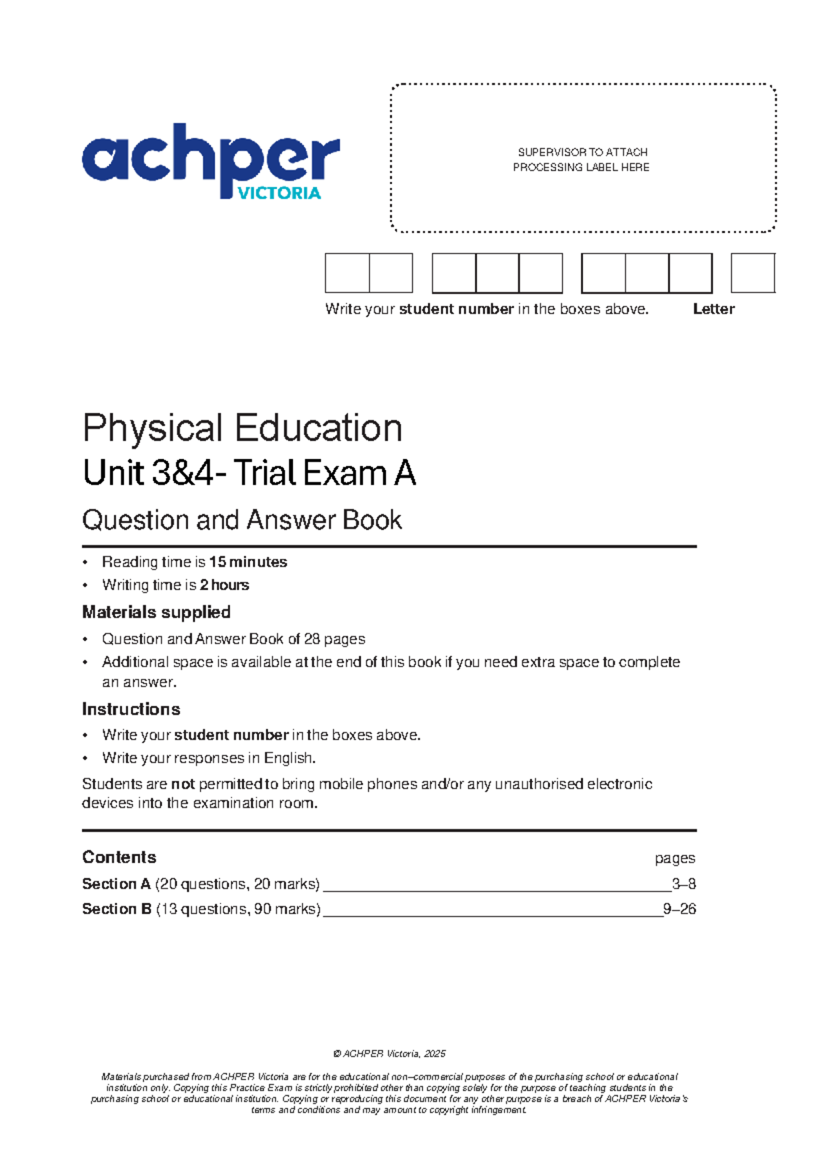 ACHPER 2025 PE Unit 3&4 Trial Exam A Questions - Final Exam - Studocu