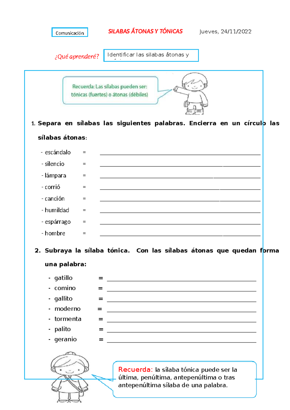actividad de comunicacion - Identificar las silabas átonas y tónicas ...