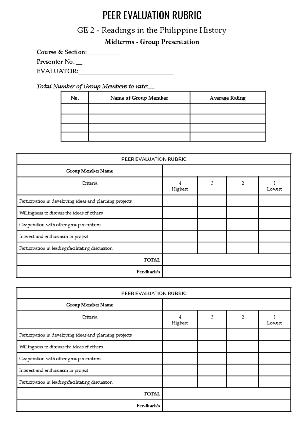 Peer Evaluation RPH - PEER EVALUATION RUBRIC GE 2 - Readings in the ...