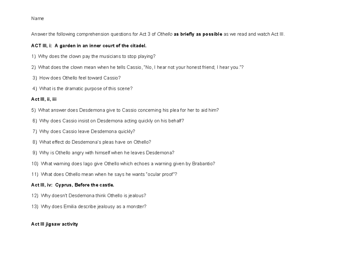 Comprehension Questions for Act 3 of Othello (ENG 101) - Studocu