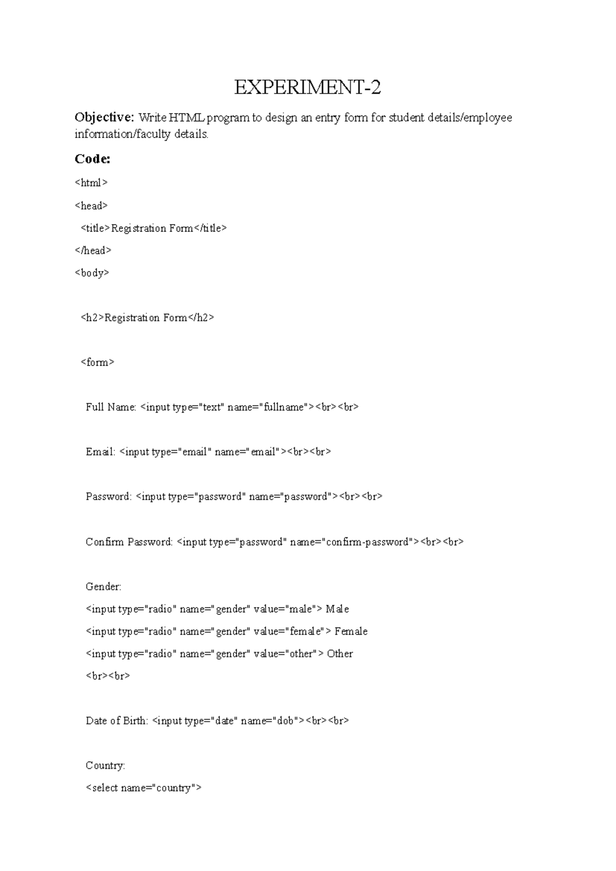 Experiment 1 - abcd - EXPERIMENT- Objective: Write HTML program to ...