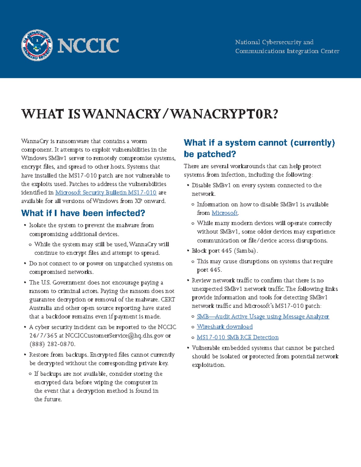 NCCIC ICS Fact Sheet: Understanding WannaCry Ransomware S508C - Studocu