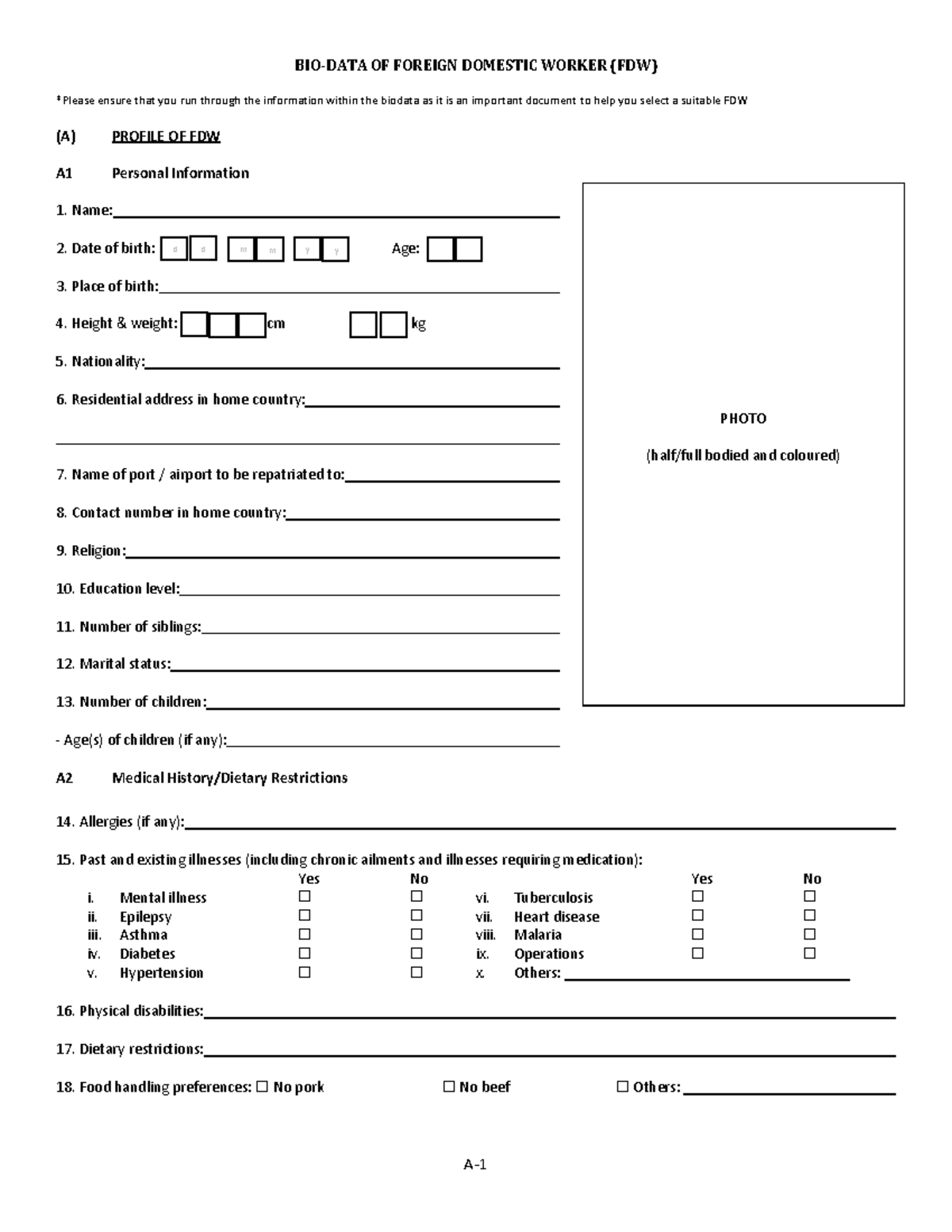 FDW Bio-Data Form: Essential Information for Employers - Studocu
