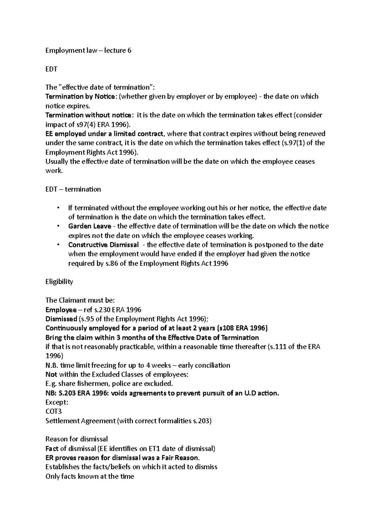 Employment Law 6 - Lecture Notes on Termination and Dismissal - Studocu