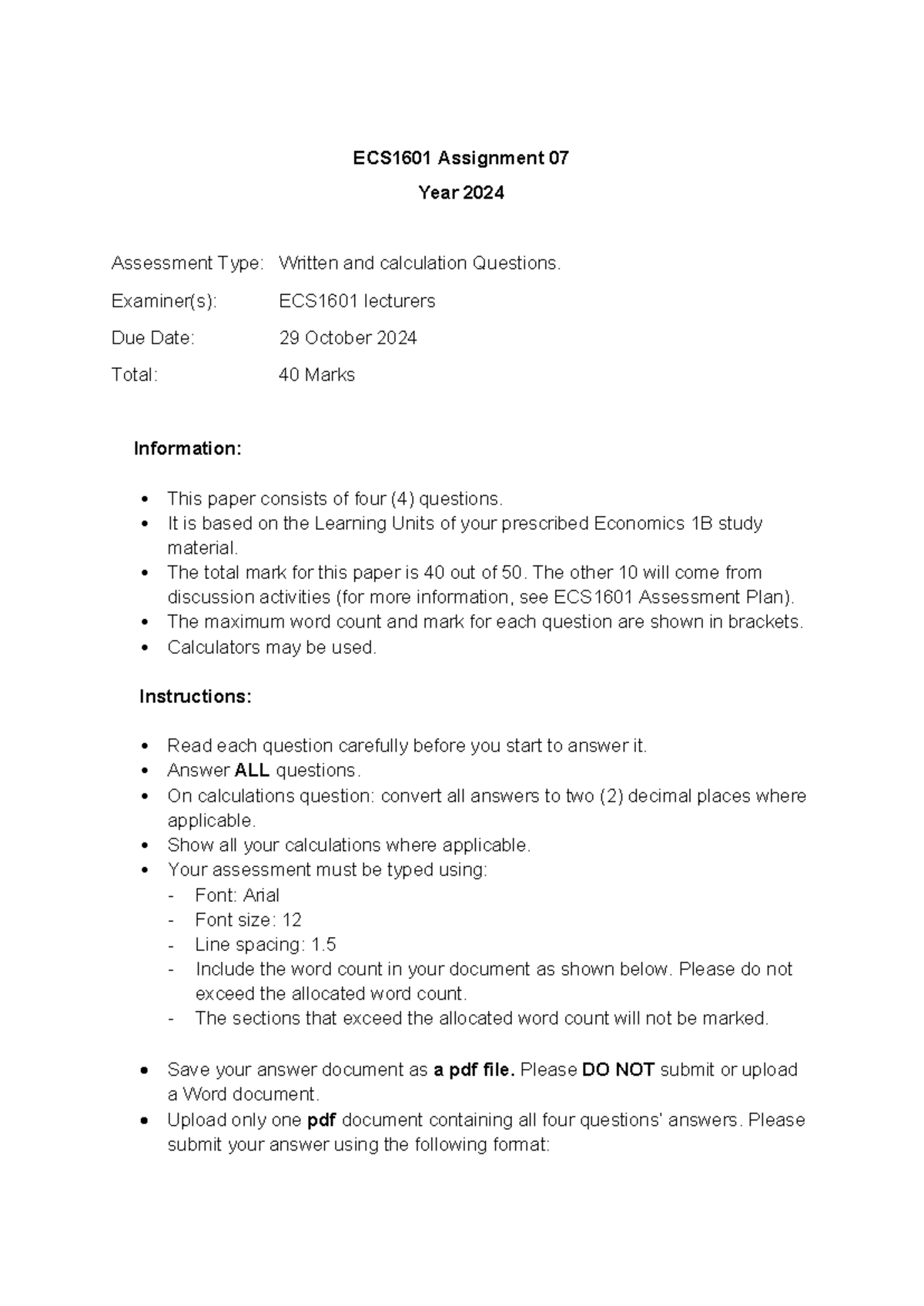 ECS1601 Assignment 07 - Economic Analysis and Calculations (2024) - Studocu