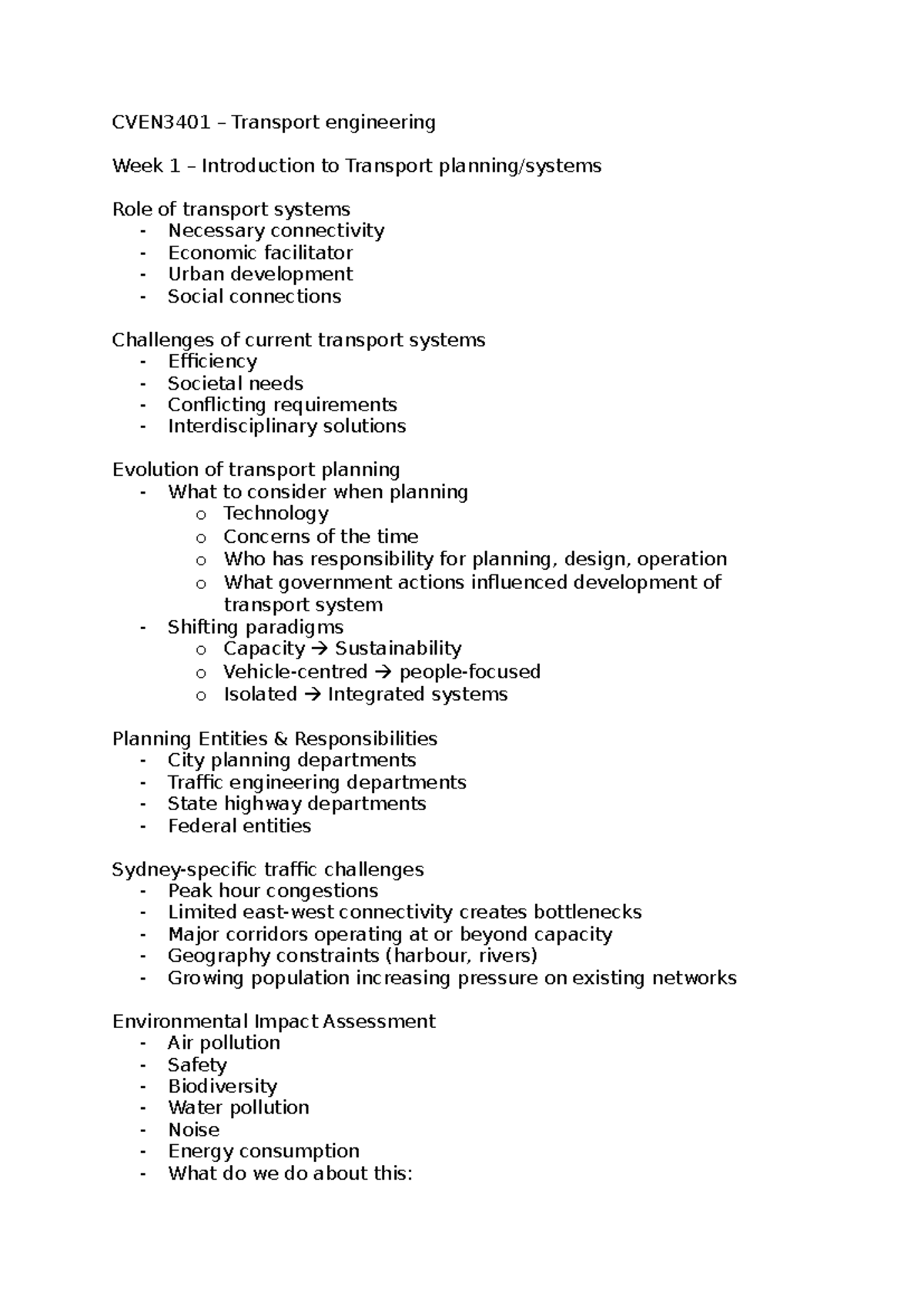 CVEN3401 Transport Engineering Week 1: Intro to Transport Systems - Studocu