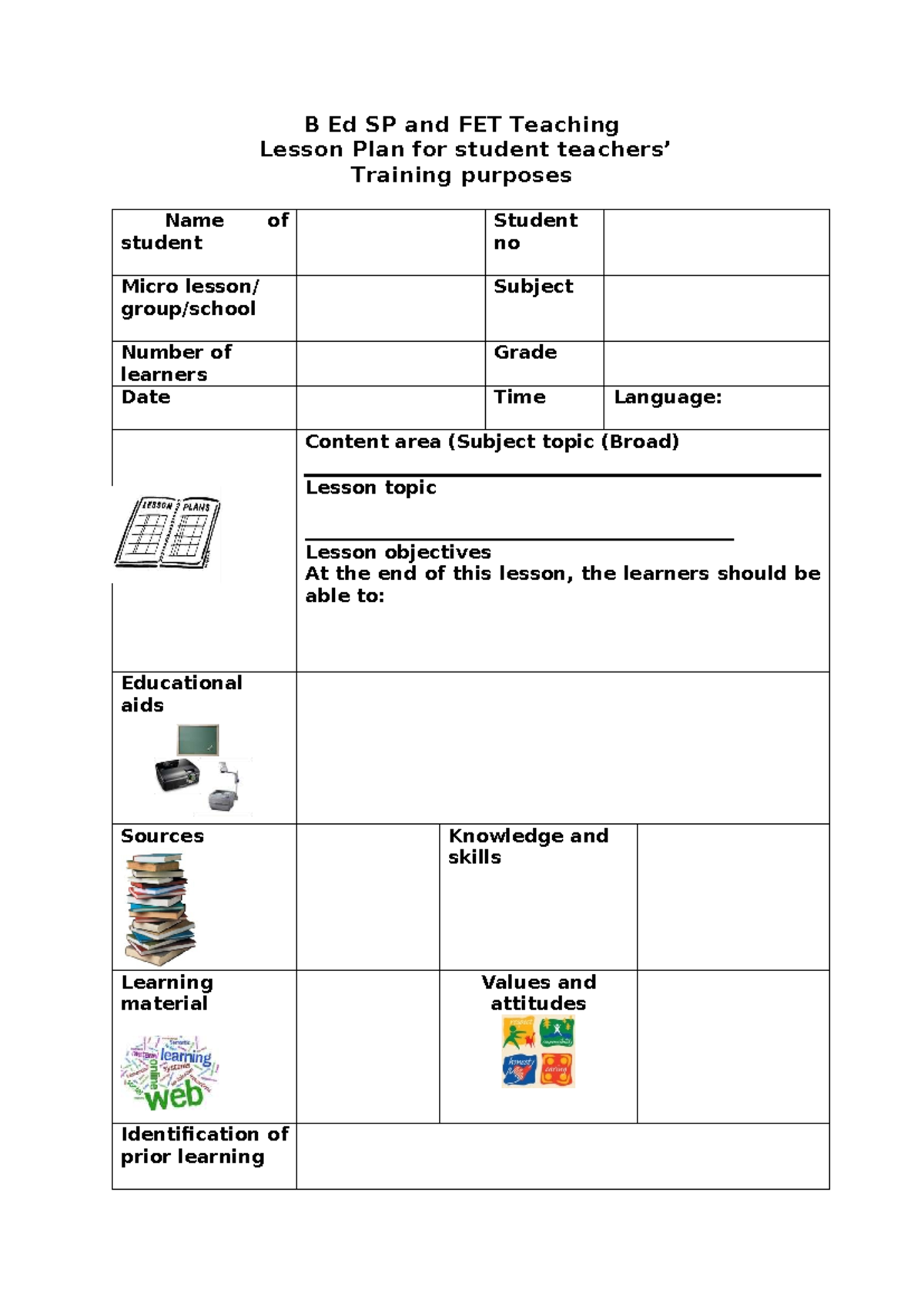 Lesson Plan Template - B Ed SP and FET Teaching Practices - Studocu
