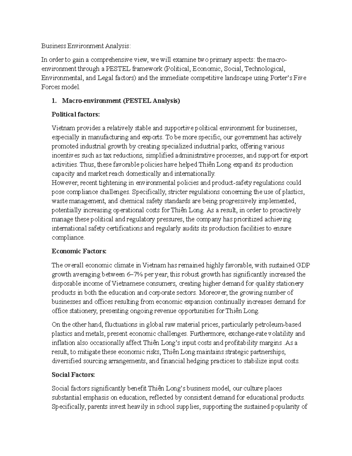 Business Environment Analysis (BEA) for Thiên Long Group - Studocu