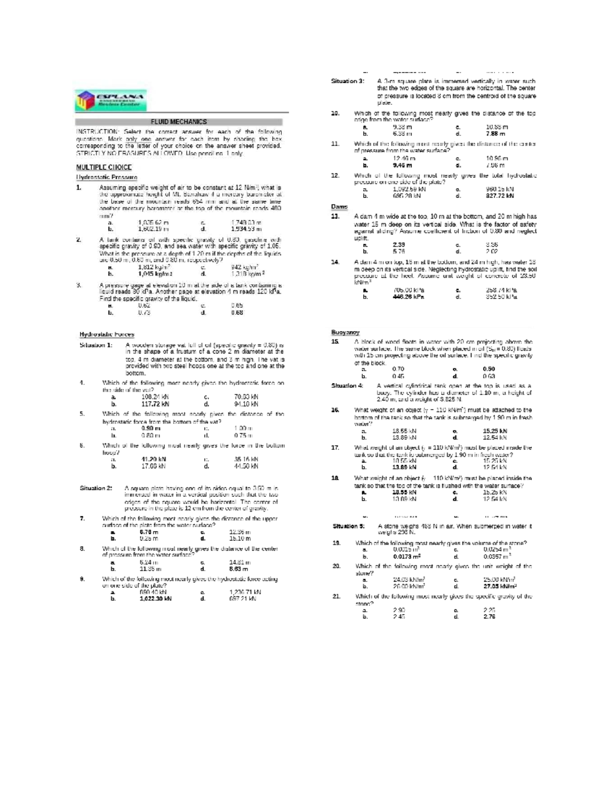 Fluid Mechanics and Hydraulics Sample Problems (Course Code: MECH 101 ...