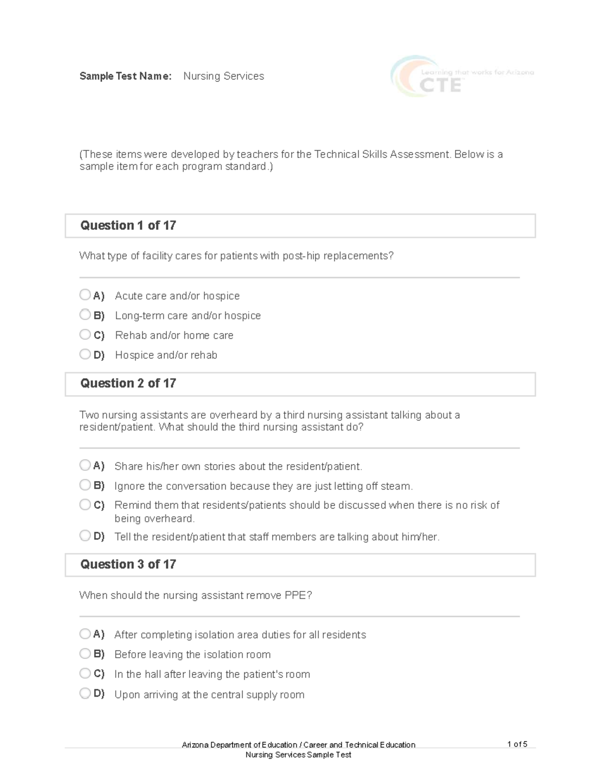 Nursing Services Sample Test: Technical Skills Assessment Questions ...