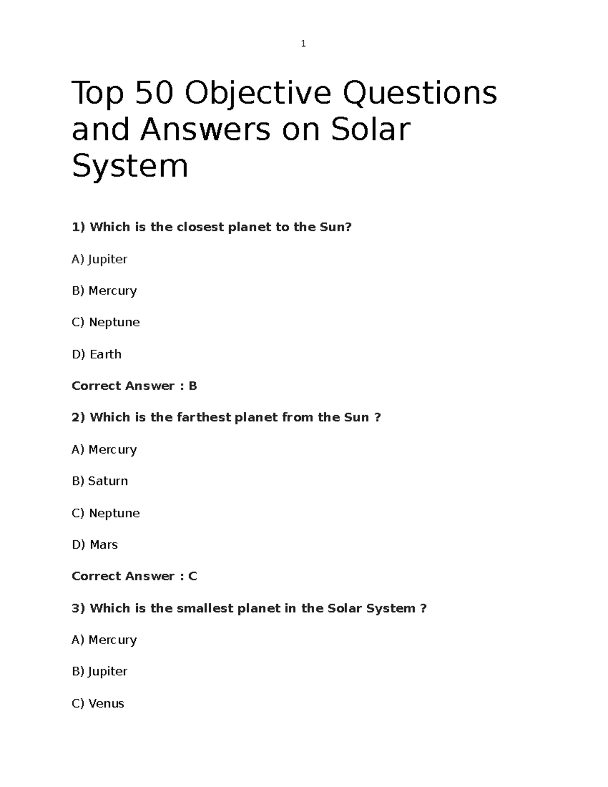 Top 50 Objective Q&As on Solar System for Exam Preparation - Studocu