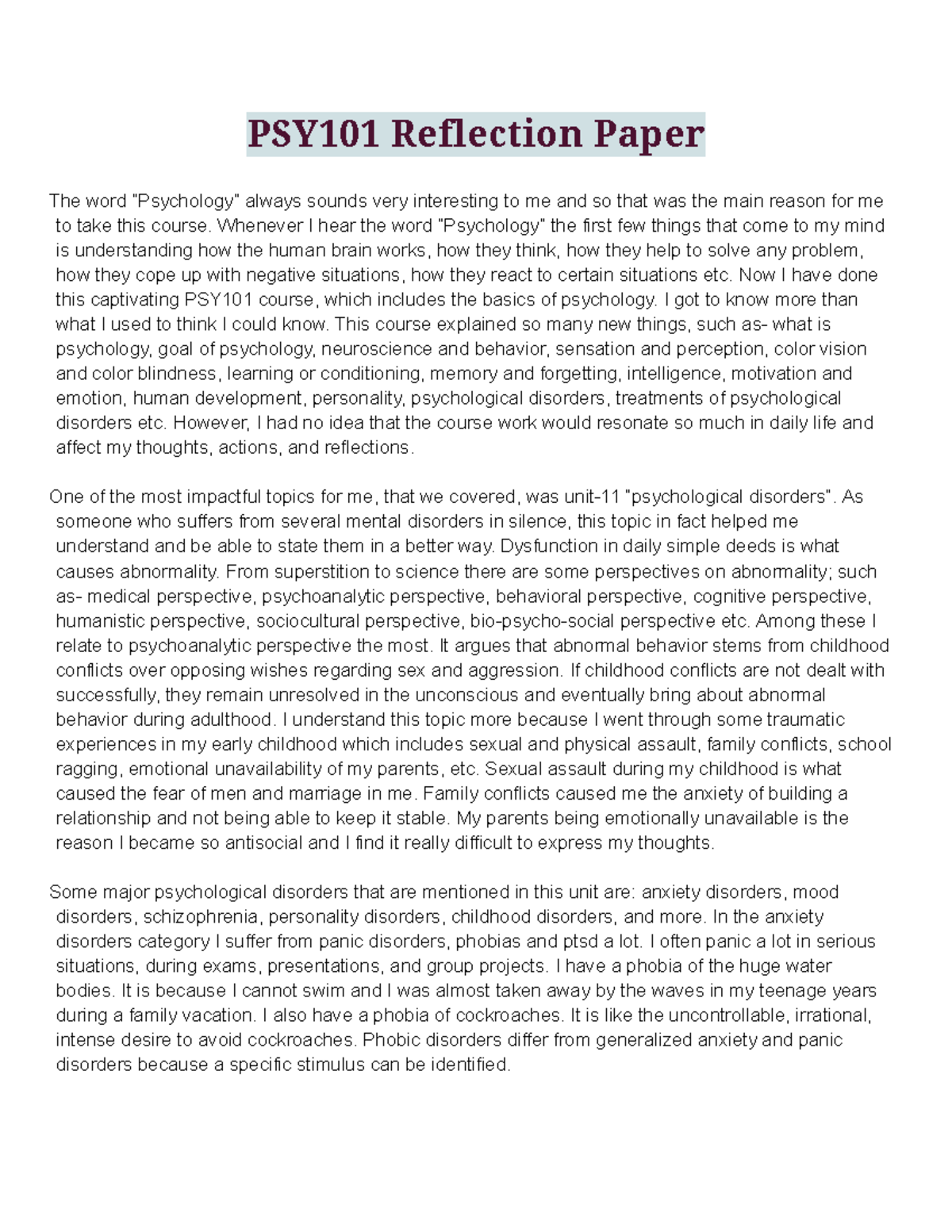 PSY101 Reflection Paper: Insights on Psychology and Personal Growth ...