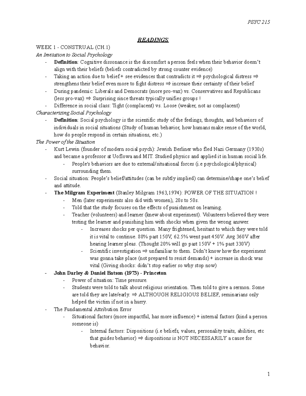 Psyc 215 - Chapter 1 Notes: Understanding Social Psychology Concepts ...