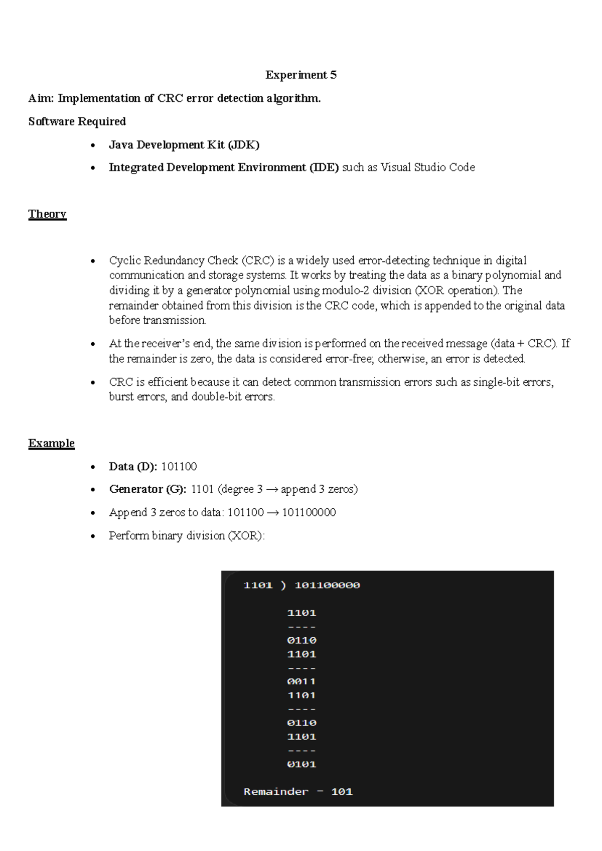 Experiment 5 - CRC Error Detection Algorithm Implementation - Studocu