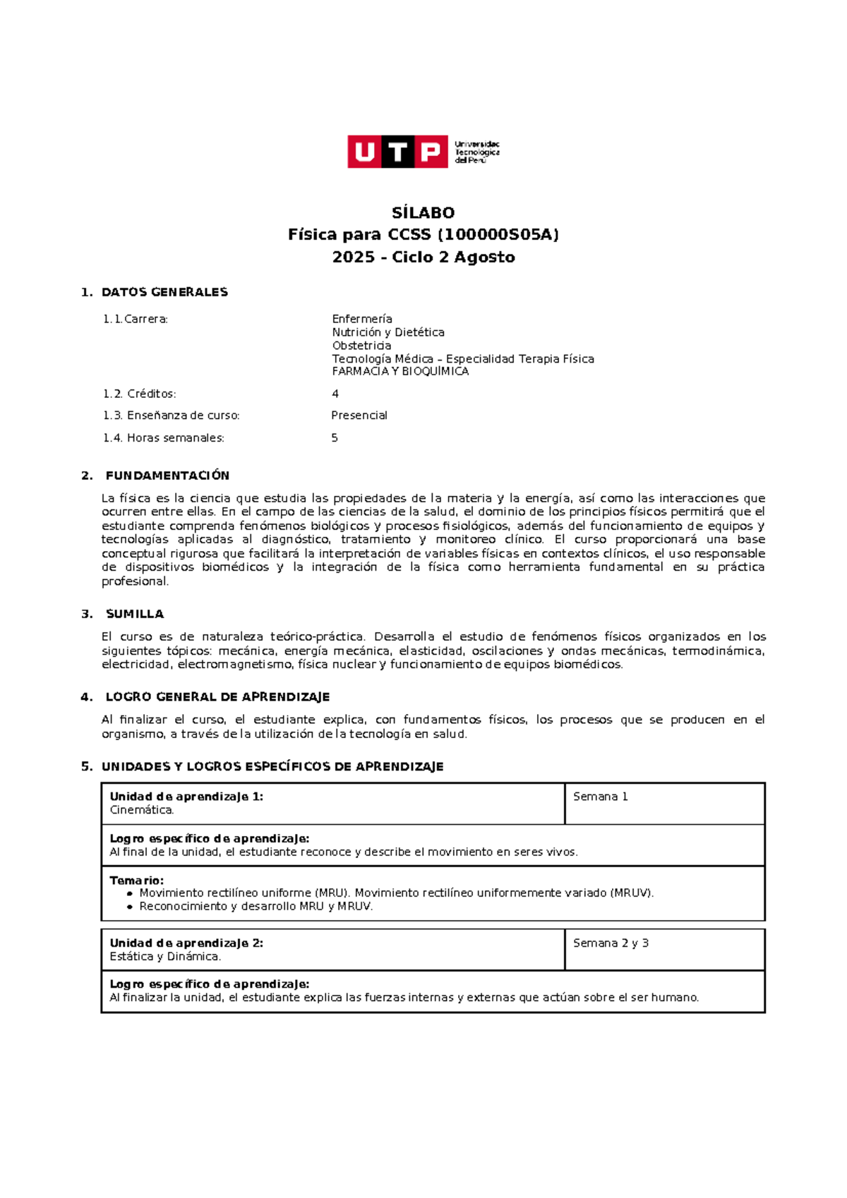 Sílabo de Física para CCSS 2025 - Ciclo 2 (Enfermería y Salud) - Document Preview