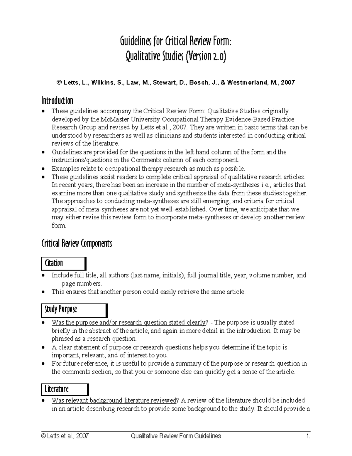 Guidelines for Critical Review Form: Qualitative Studies (Letts et al ...