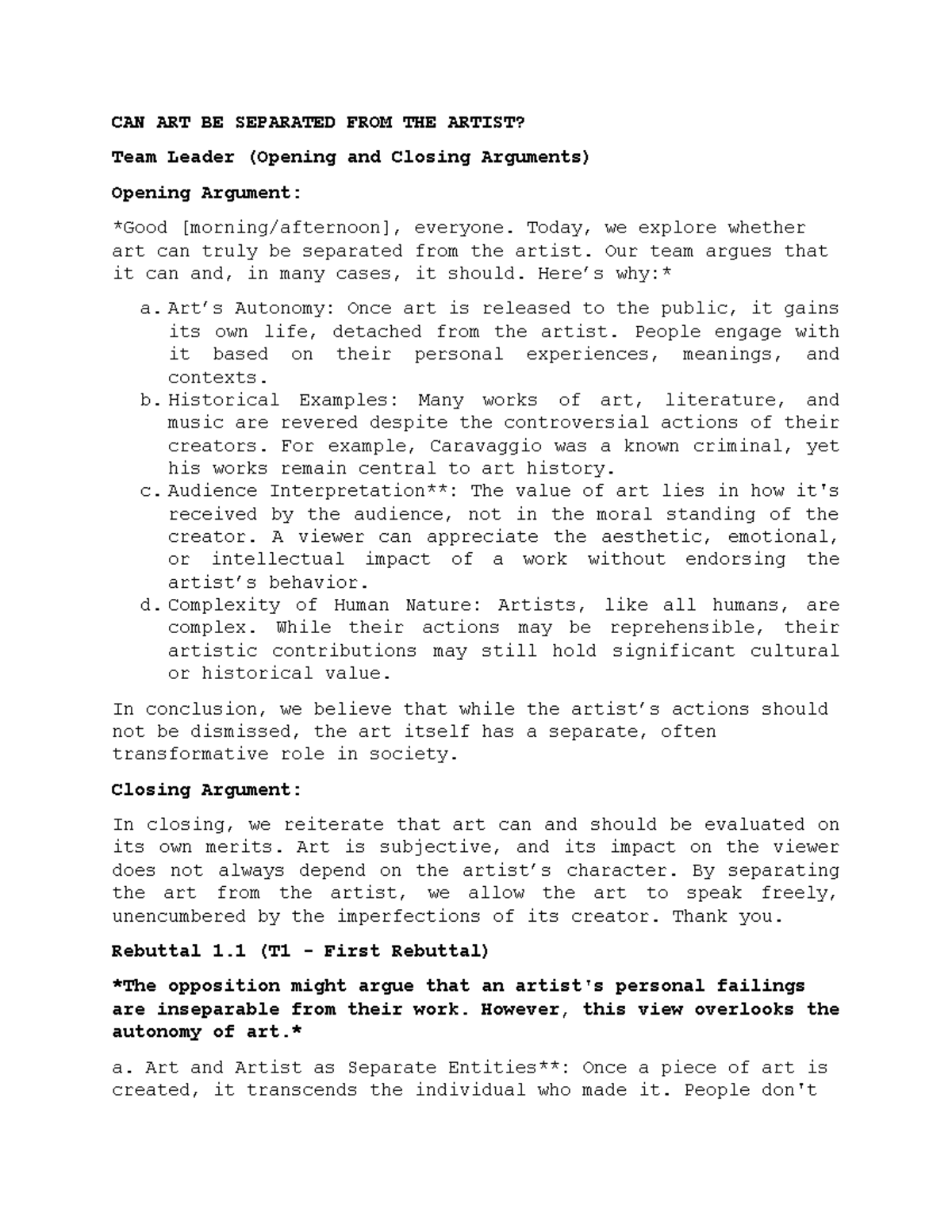 ARTS 301: Debate Notes - Can Art Be Separated from the Artist? - Studocu