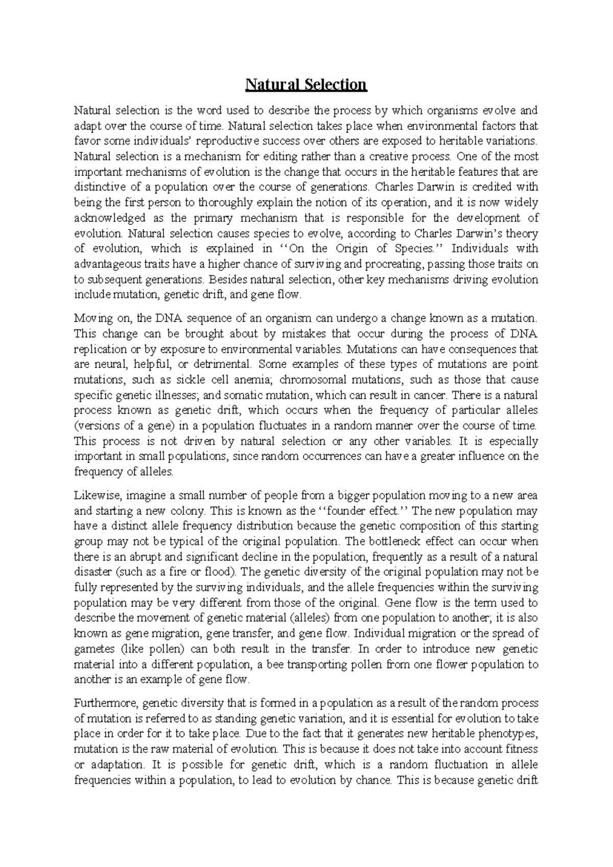 First bio assessment - assignment based on natural selection - Natural ...