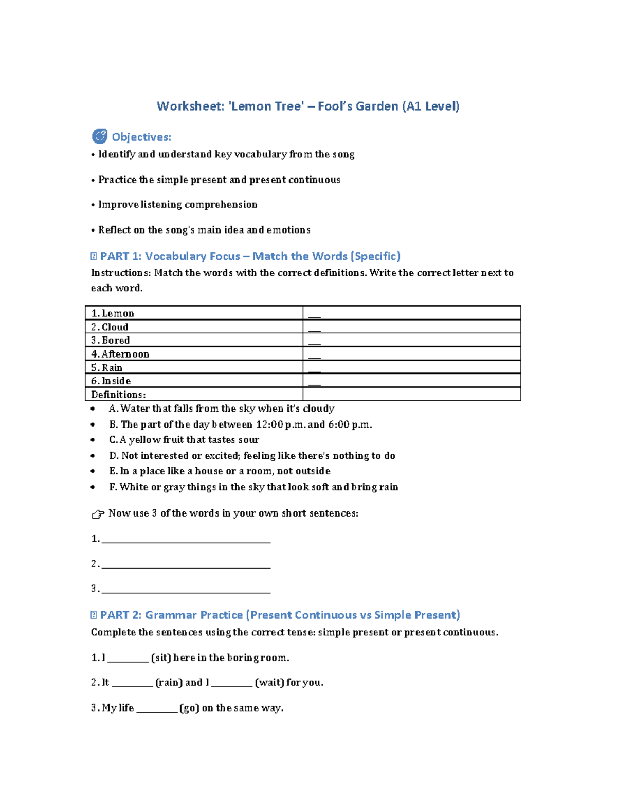 Lemon Tree Worksheet: Vocabulary & Grammar Practice (A1) - Studocu