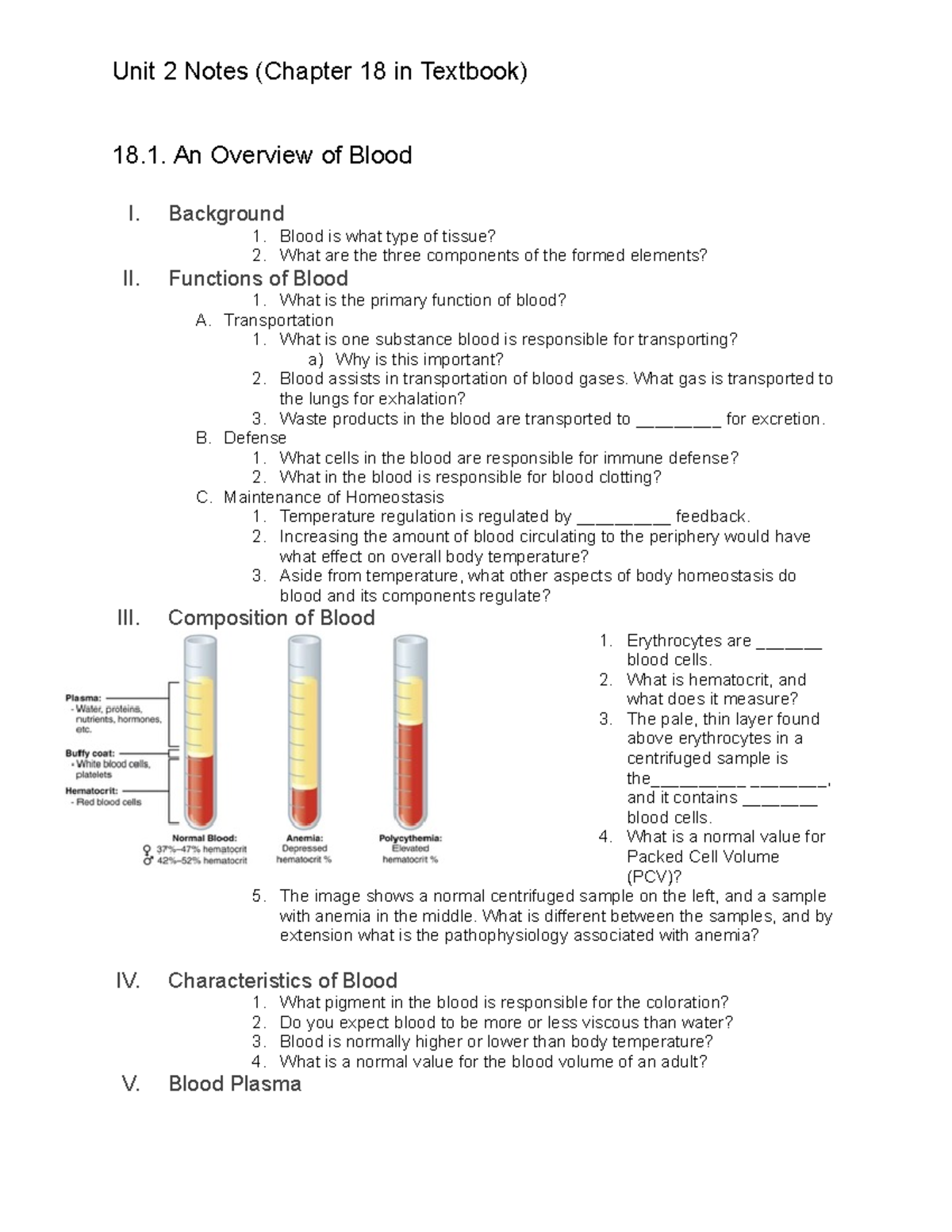 BIO 1300 Unit 2: Essential Notes on Blood Functions and Components ...