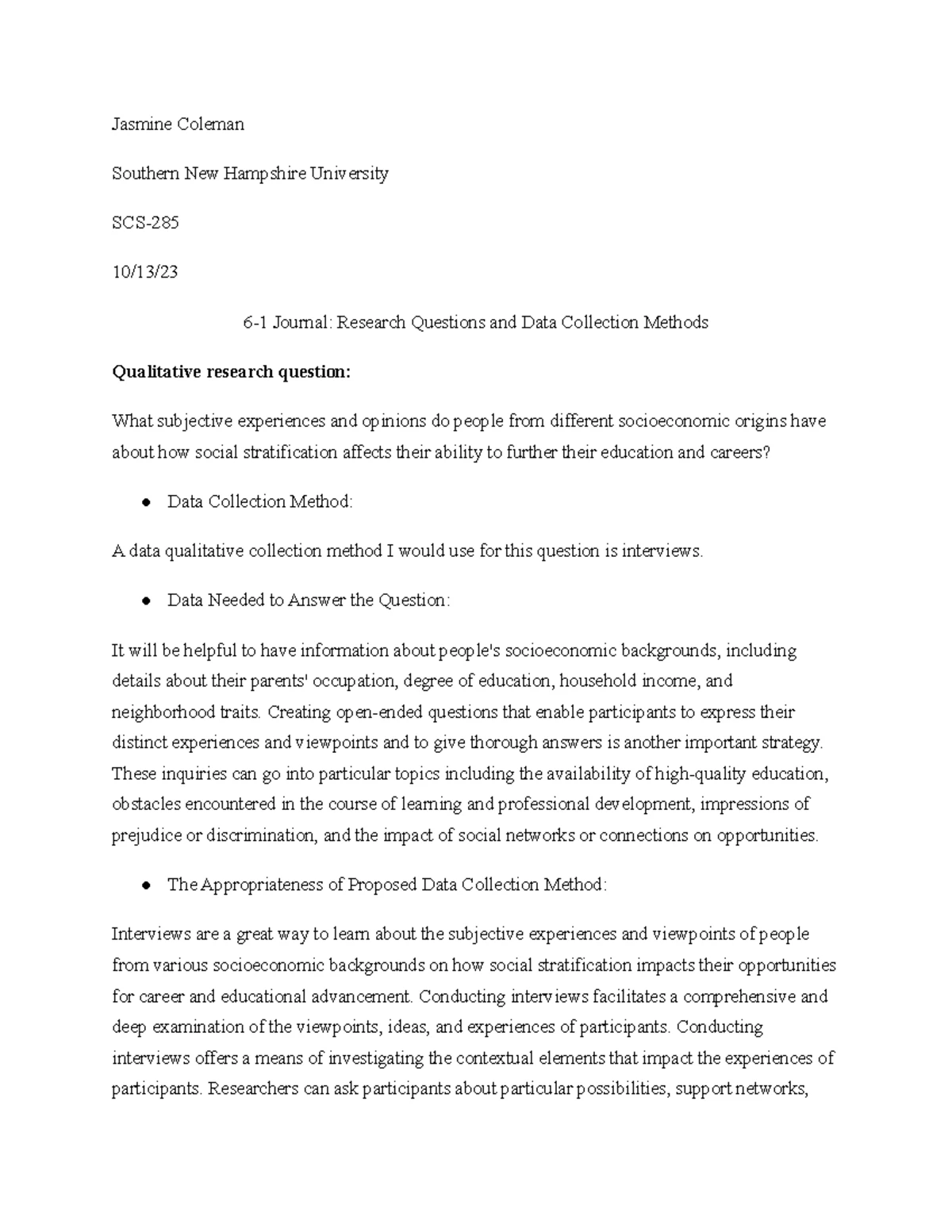 SCS-285-J7291 Journal: Research Questions & Data Collection Methods ...