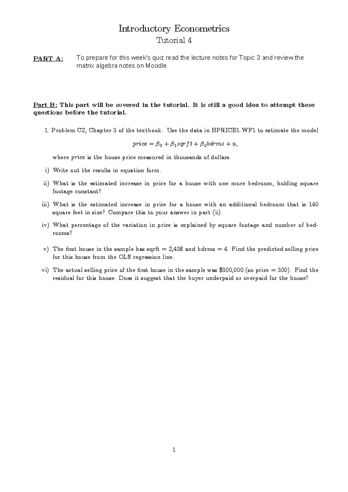 Econometrics Tutorial Exercise Week 4: Key Concepts and Applications ...