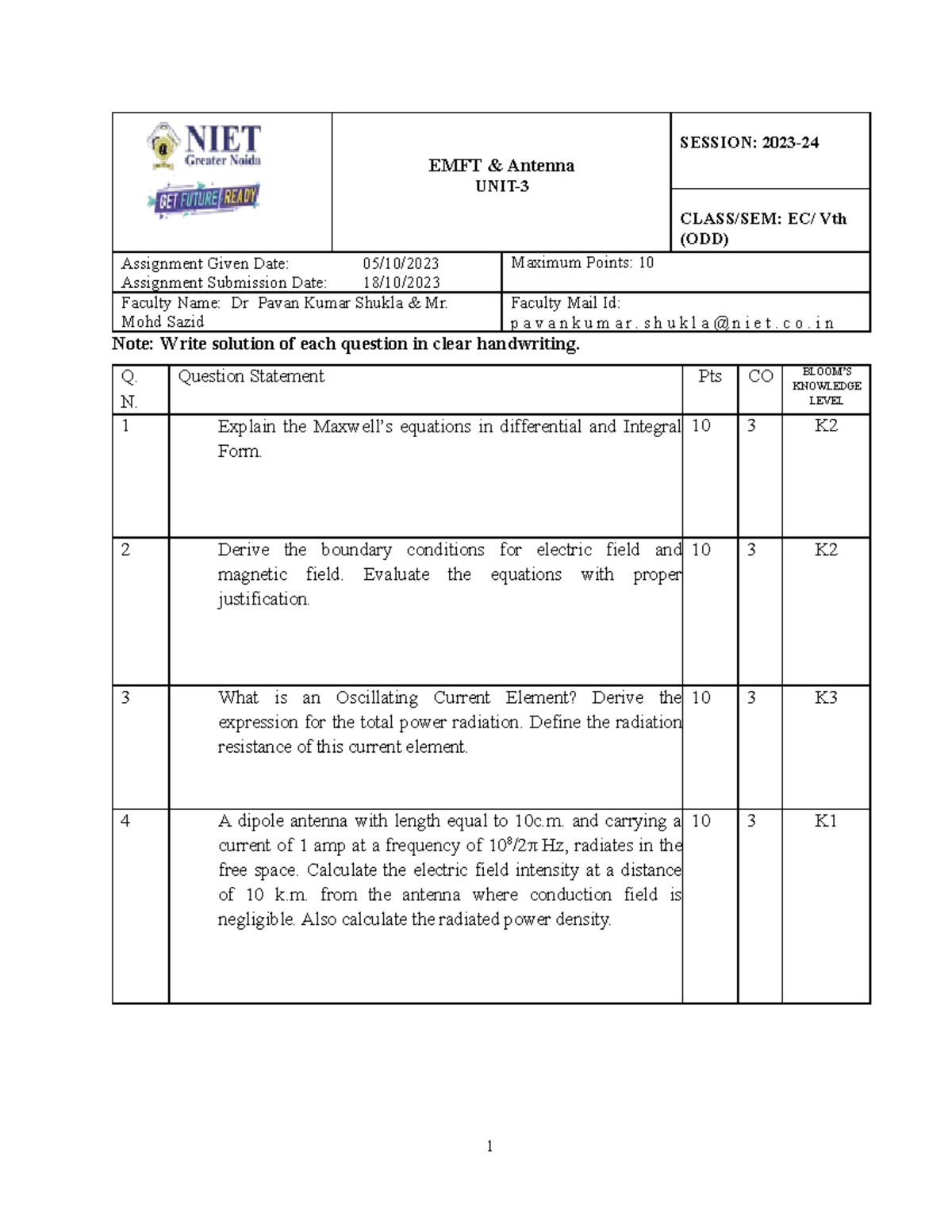 EMFT Assignment No: Key Questions on Antennas & EM Fields - Studocu