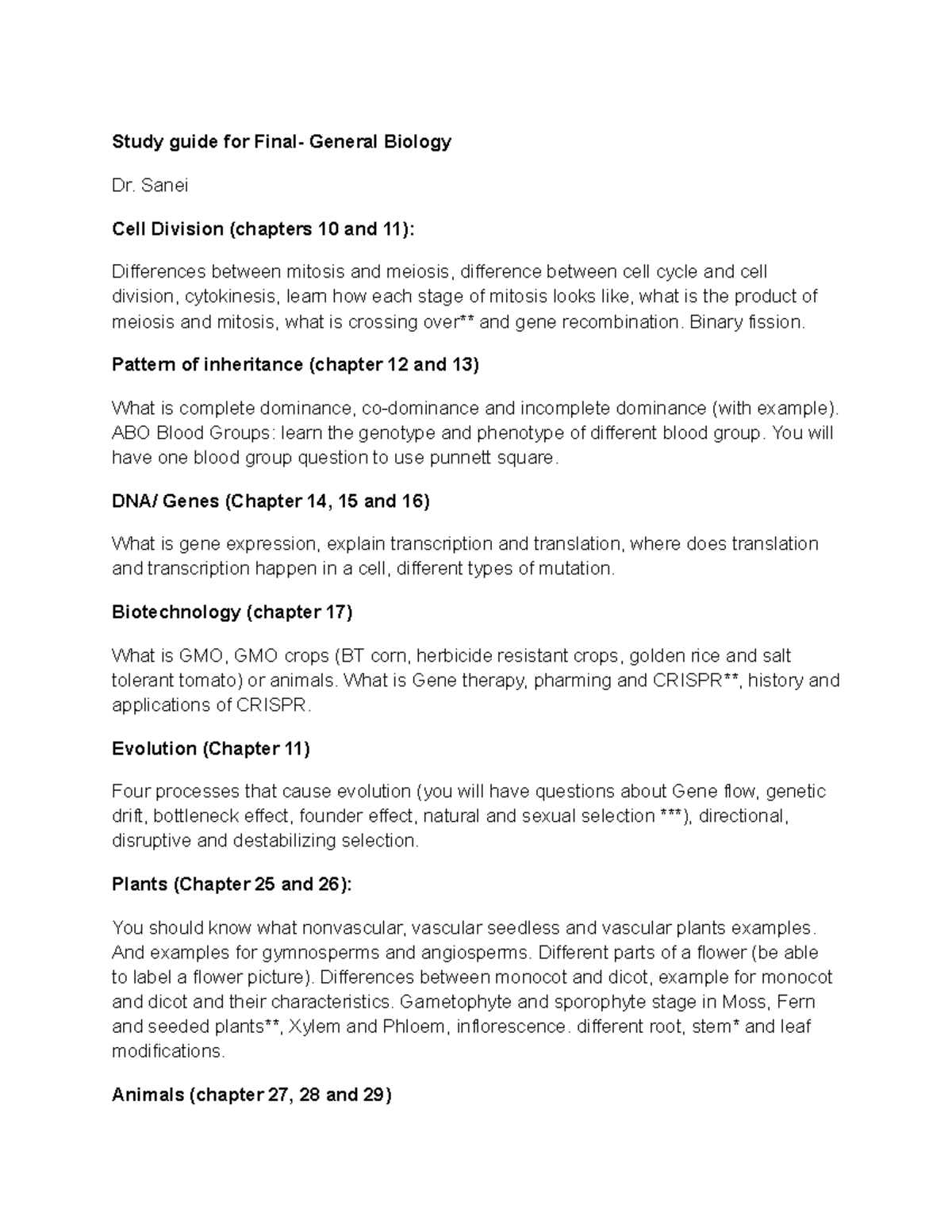 Study Guide for Final - General Biology - Studocu