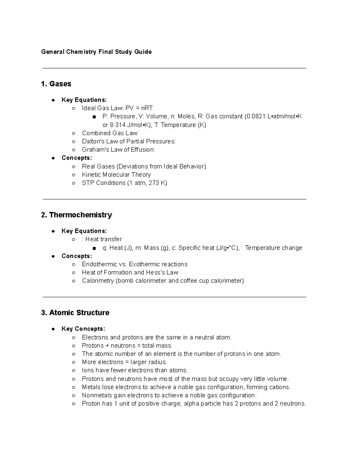 Gen Chem Study Guide - General Chemistry Final Study Guide 1. Gases Key ...