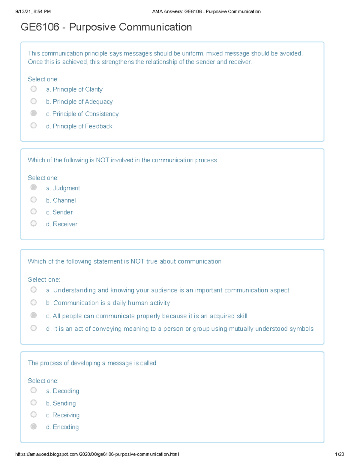 Quiz Answers for GE6106 - Purposive Communication Topics - Studocu