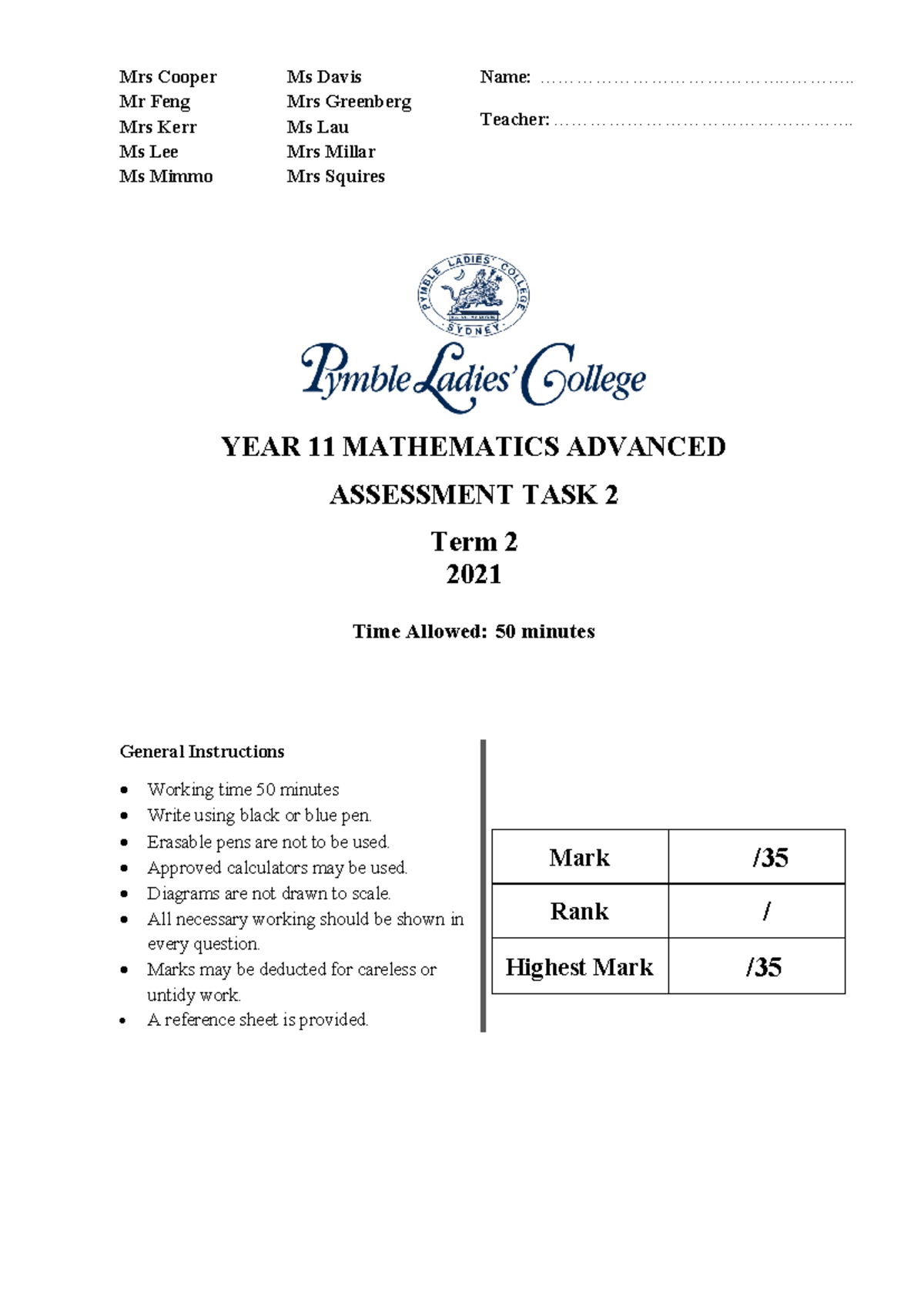 YEAR 11 MATHEMATICS ADVANCED ASSESSMENT TASK 2 - Final 2021 - Studocu