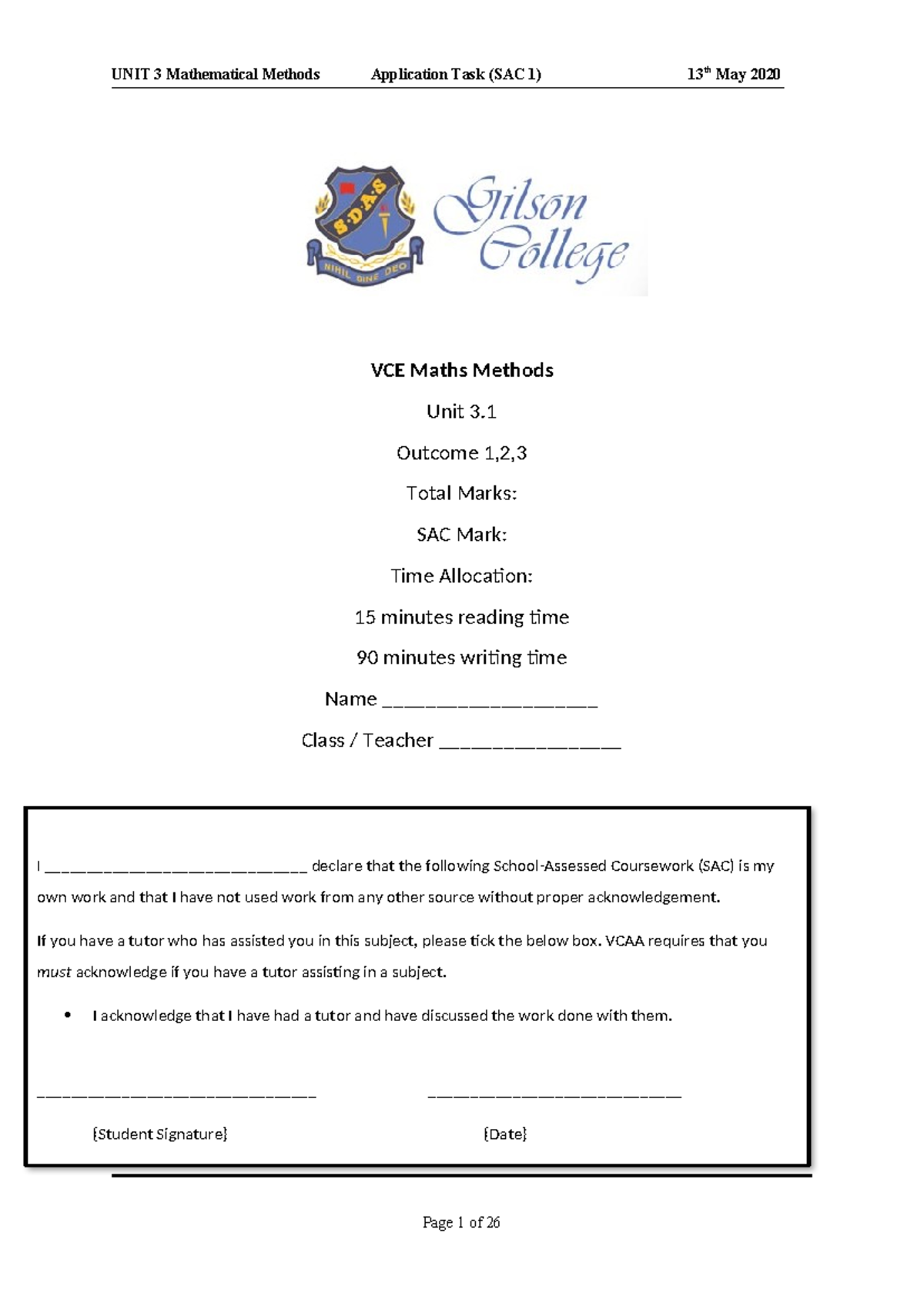 UNIT 3 Maths Methods Application Task (SAC 1) - 2020 Overview - Studocu
