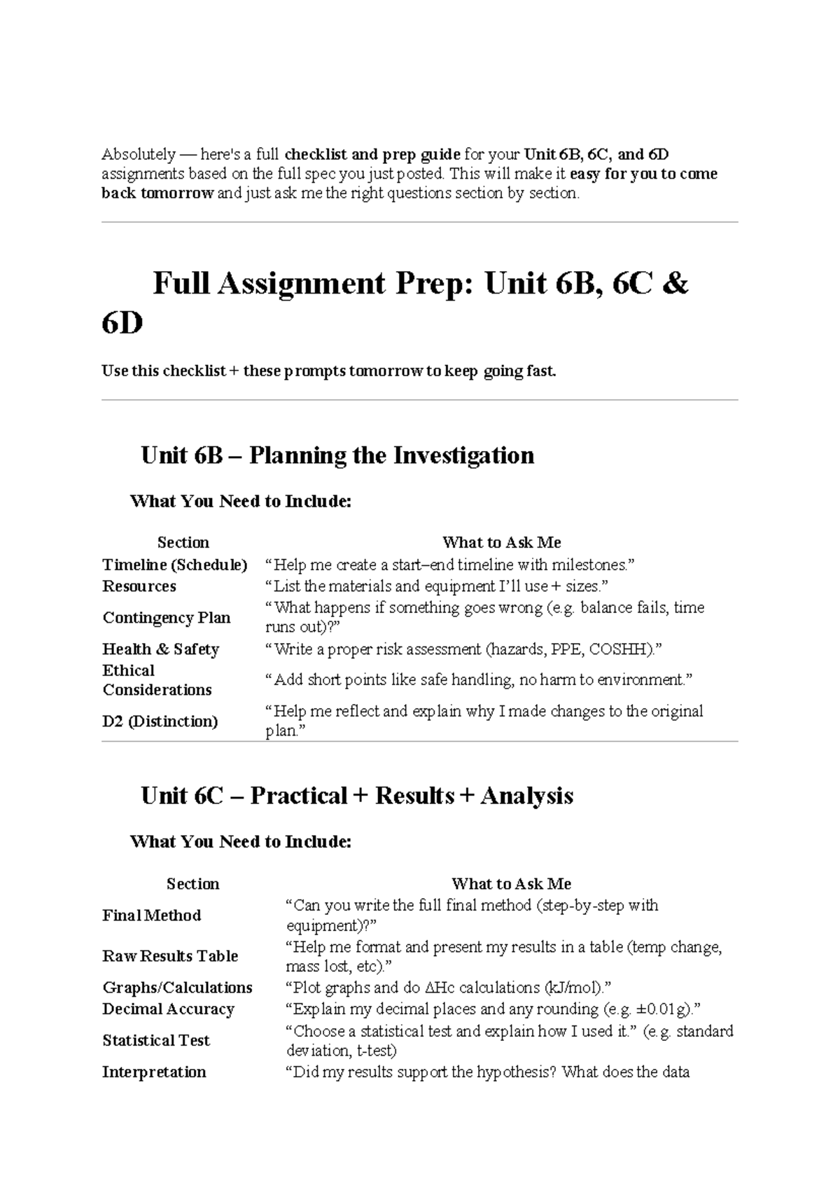 Unit 6B, 6C, and 6D Assignment Prep Checklist for Applied Science - Studocu