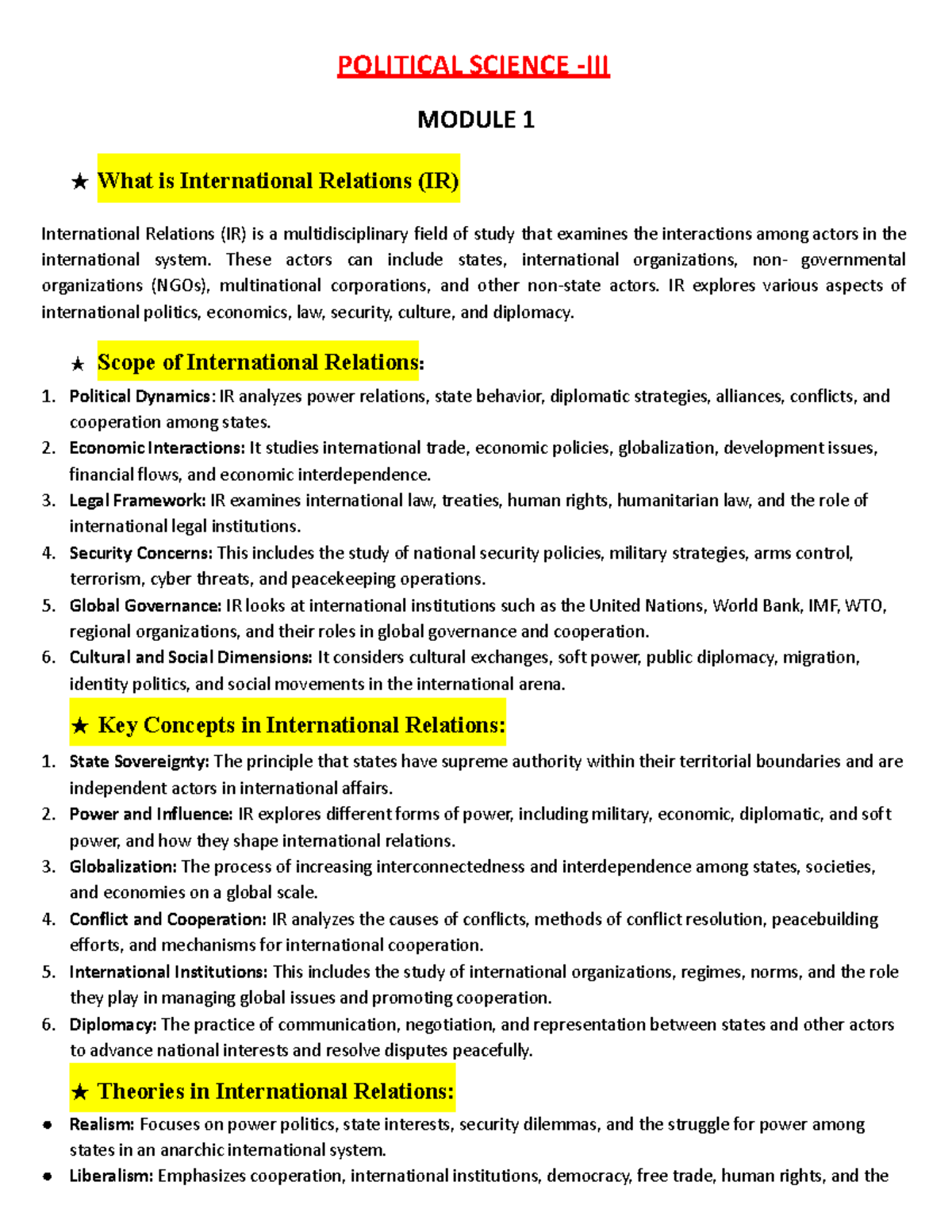 POLITICAL SCIENCE MODULE 1: Introduction to International Relations (IR ...