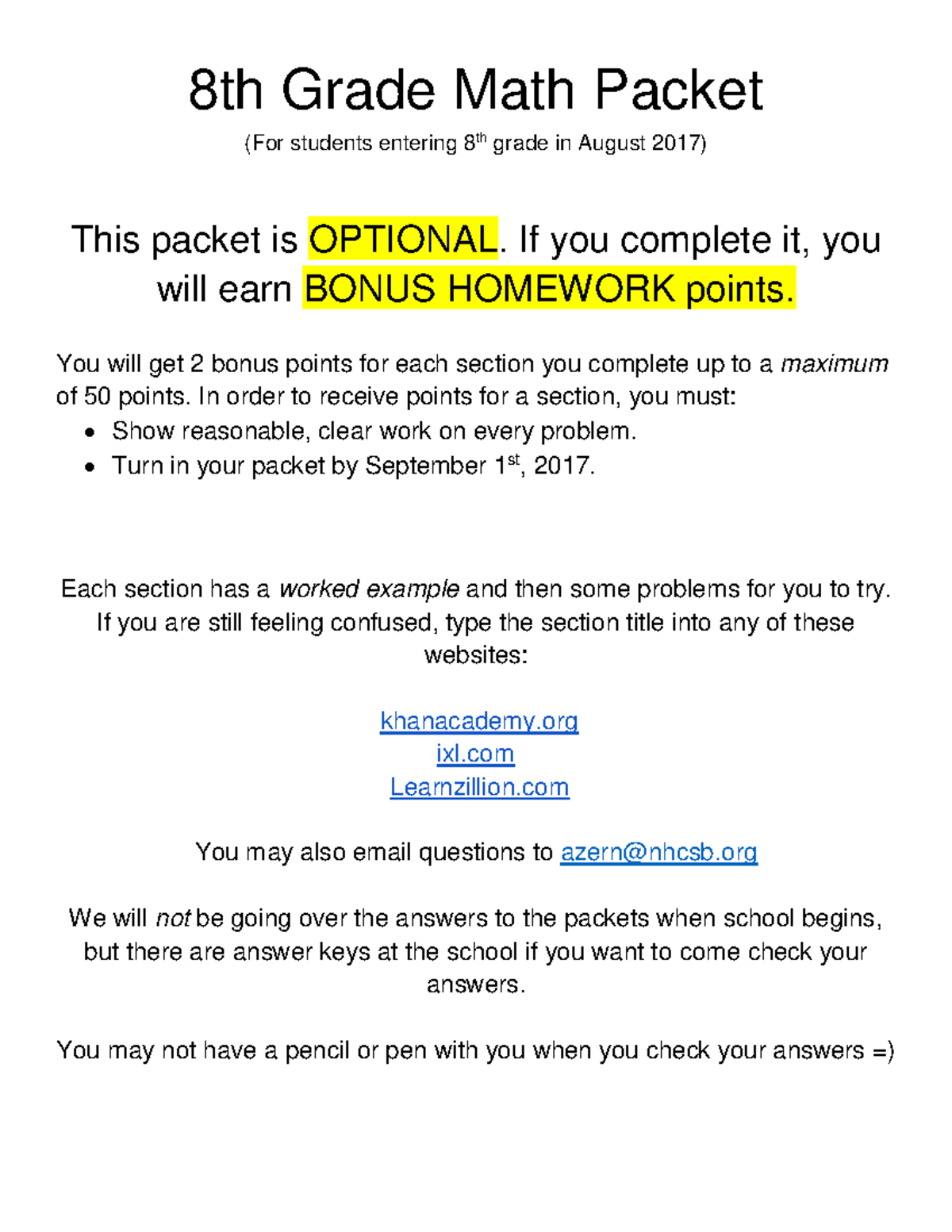 8th Grade Math Review Packet for Bonus Points - Studocu