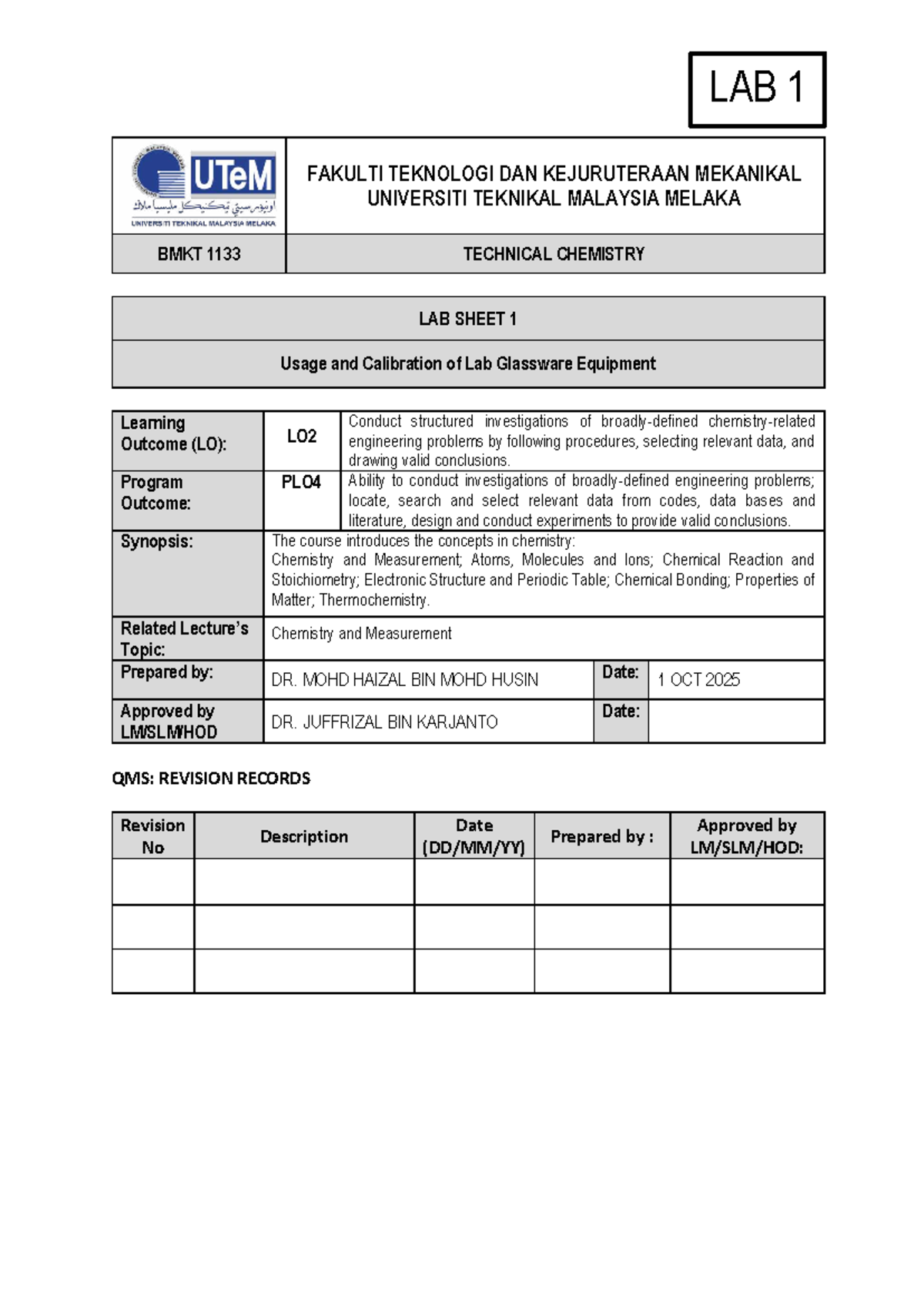 BMKT 1133 Technical Chemistry Lab 1: Glassware Calibration and Usage ...