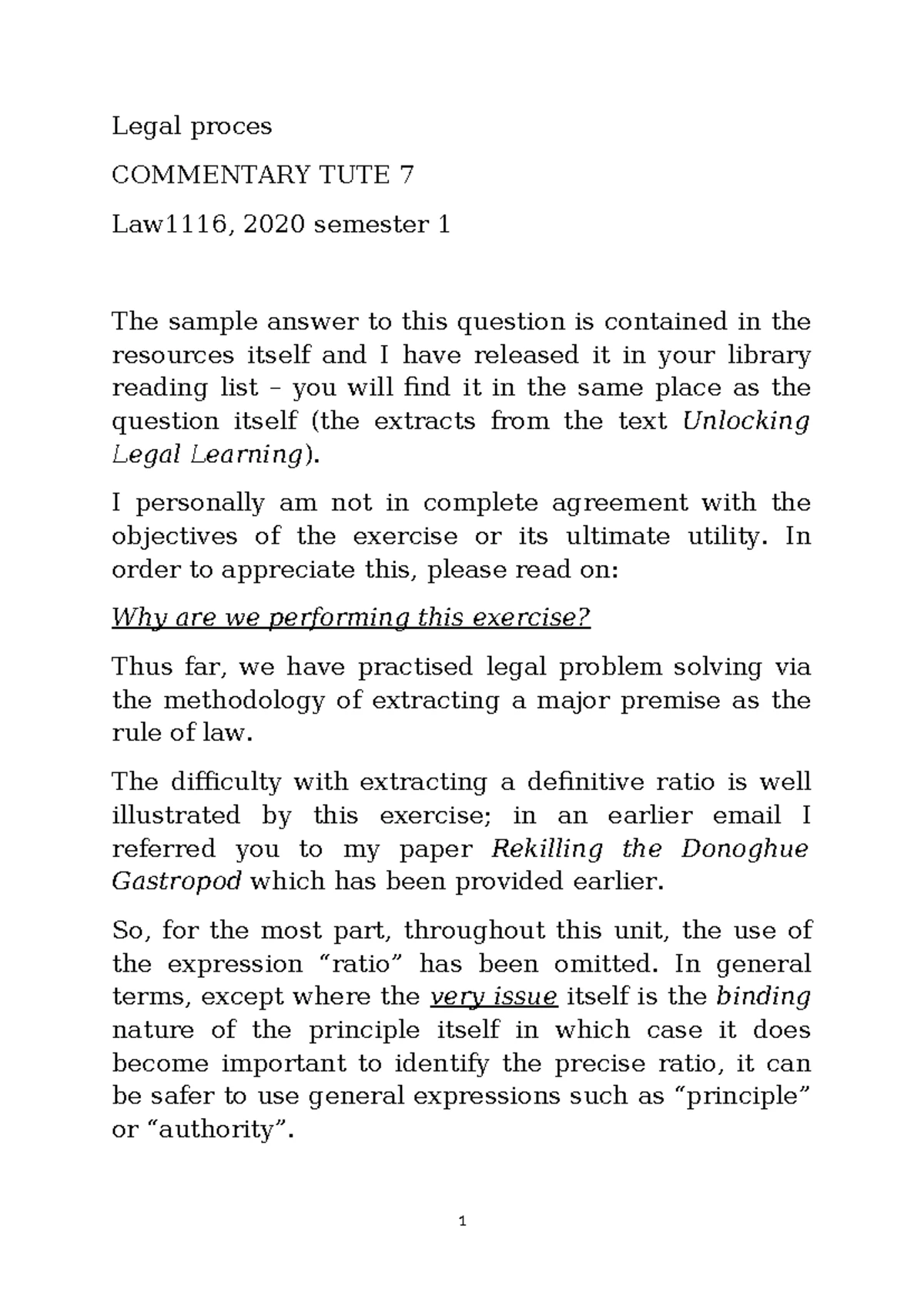 LAW1116 - Tutorial Activity 10 Sample Answers & Key Interpretations ...