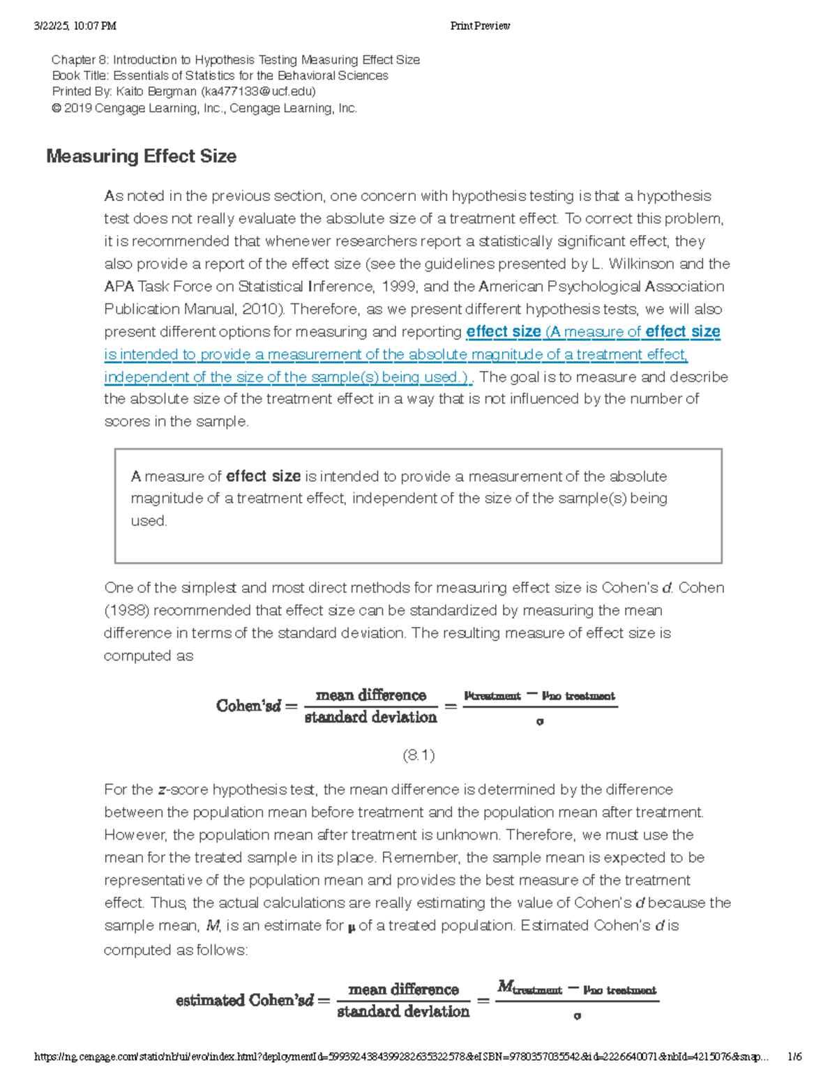 Final Exam: Chapter 8 - Introduction to Hypothesis Testing & Effect ...
