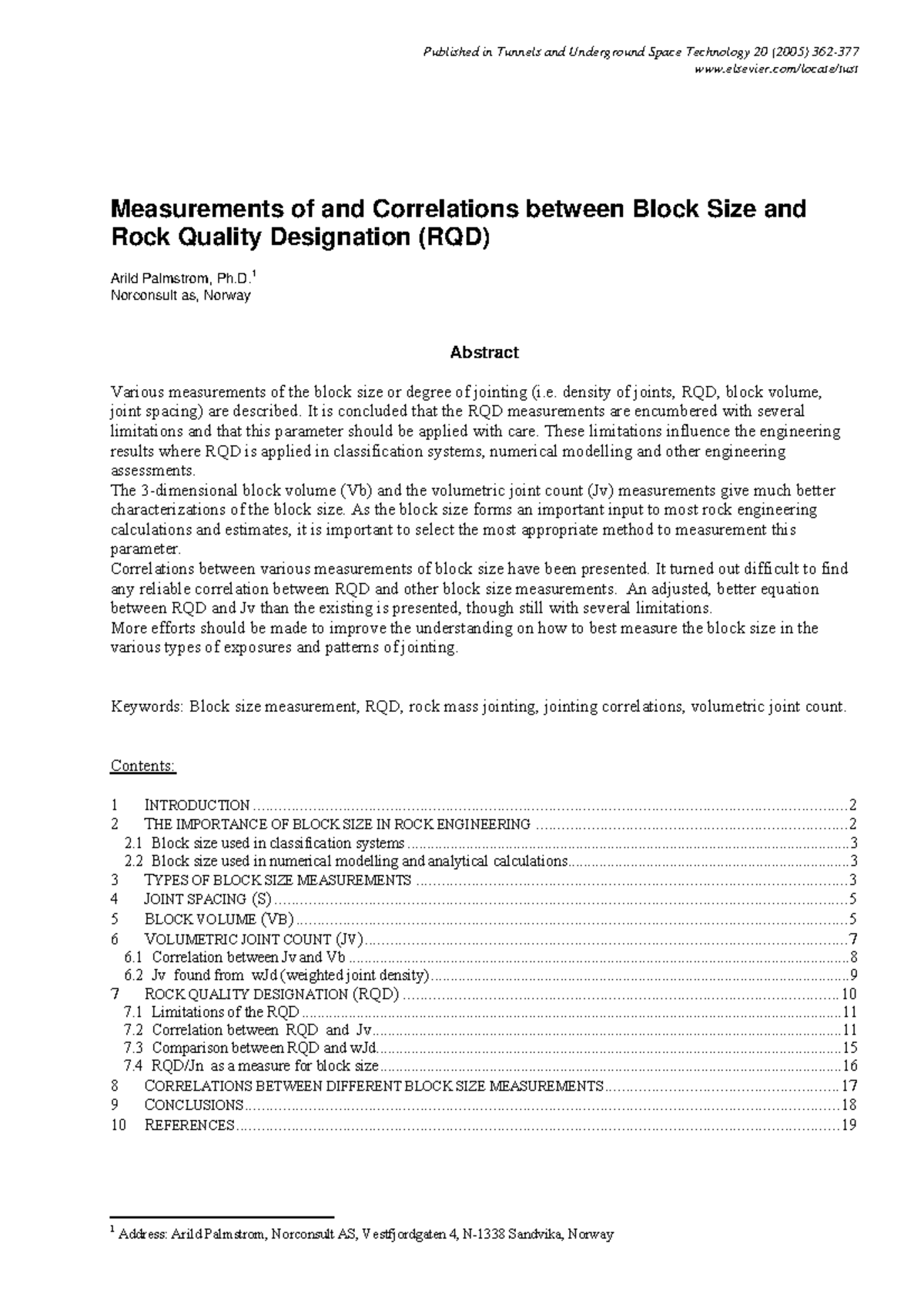 Measurements and Correlations of Block Size and RQD in Rock Eng. (TUST ...